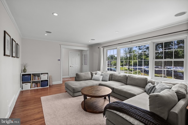 295 Crescent Ave, Moorestown, NJ 08057 - living room featuring wood finished floors, crown molding, and recessed lighting