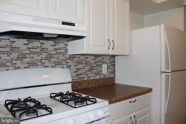 130 Duvall Ln Unit 194-202, Gaithersburg, MD 20877 - kitchen with white appliances, under cabinet range hood, white cabinets, decorative backsplash, and dark countertops