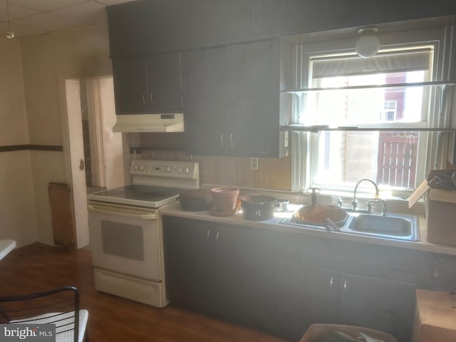 19 E Main St, Richland, PA 17087 - kitchen featuring white range with electric stovetop, ventilation hood, dark wood-style floors, and light countertops