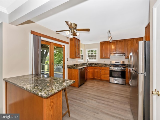 23732 Rolling Fork Way, Gaithersburg, MD 20882 - kitchen featuring appliances with stainless steel finishes, brown cabinets, under cabinet range hood, light wood-style floors, and ceiling fan