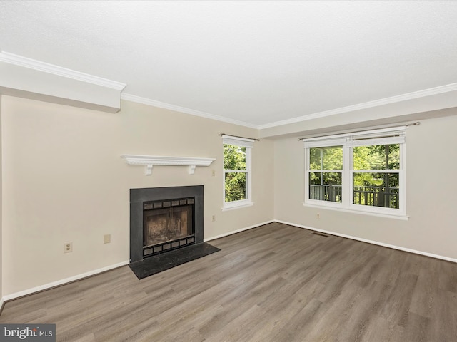 23732 Rolling Fork Way, Gaithersburg, MD 20882 - unfurnished living room with wood finished floors, crown molding, and a fireplace with flush hearth