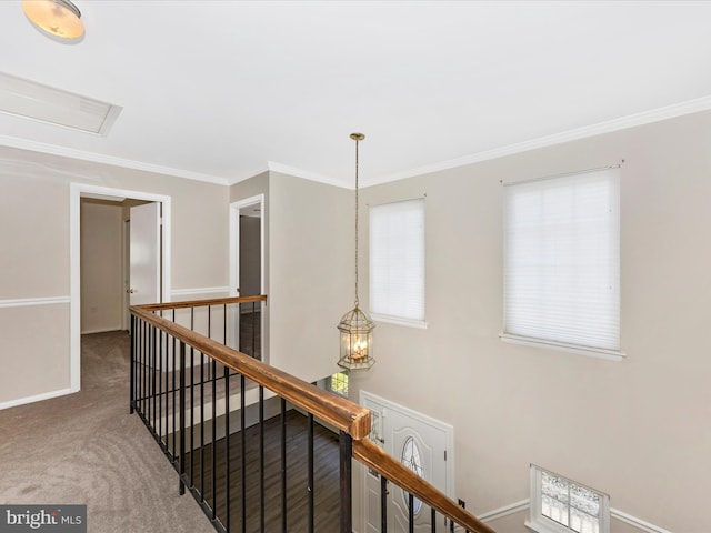 23732 Rolling Fork Way, Gaithersburg, MD 20882 - hall featuring an upstairs landing, crown molding, carpet floors, and a chandelier