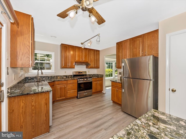 23732 Rolling Fork Way, Gaithersburg, MD 20882 - kitchen featuring stainless steel appliances, under cabinet range hood, dark stone counters, ceiling fan, and light wood finished floors
