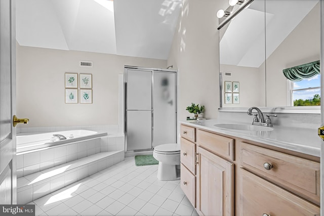 61 Brooks Rd, Moorestown, NJ 08057 - bathroom featuring lofted ceiling, vanity, a shower stall, a garden tub, and tile patterned flooring