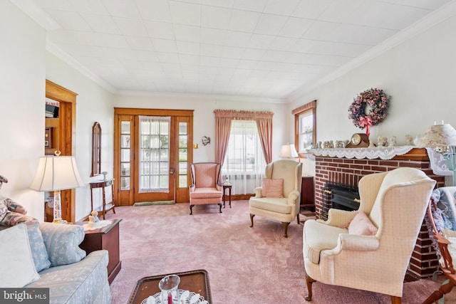 615 Convent Rd, Aston, PA 19014 - carpeted living room featuring ornamental molding and a brick fireplace