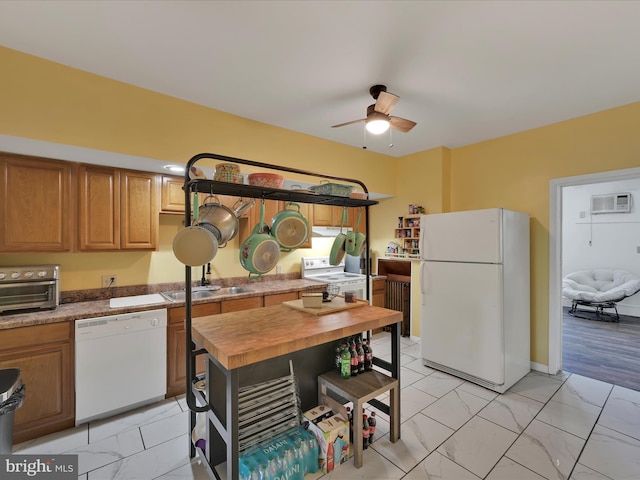 702 N Warren St, Orwigsburg, PA 17961 - kitchen with white appliances, wood counters, light marble finish flooring, ceiling fan, and open shelves