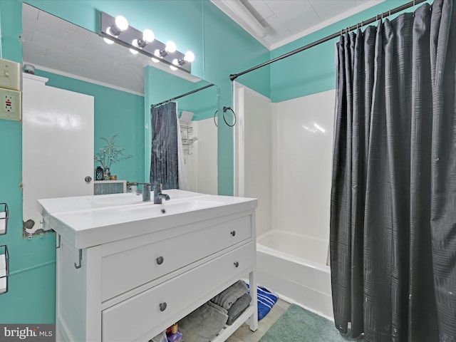 702 N Warren St, Orwigsburg, PA 17961 - bathroom with vanity, shower / tub combo with curtain, and ornamental molding