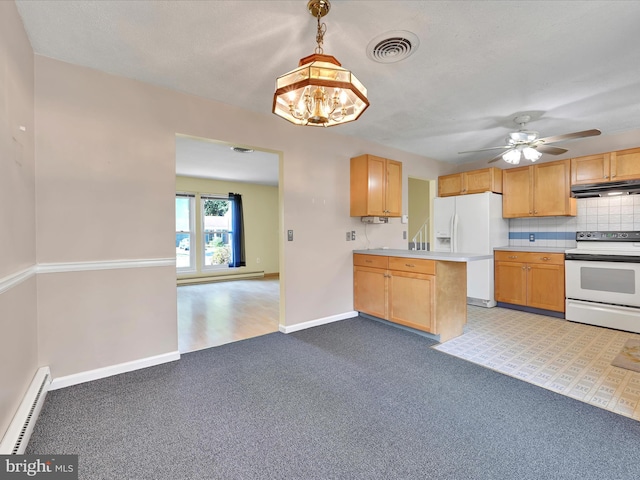171 Tanglewood Ln, Lancaster, PA 17601 - kitchen featuring white appliances, under cabinet range hood, a baseboard radiator, light carpet, and light countertops