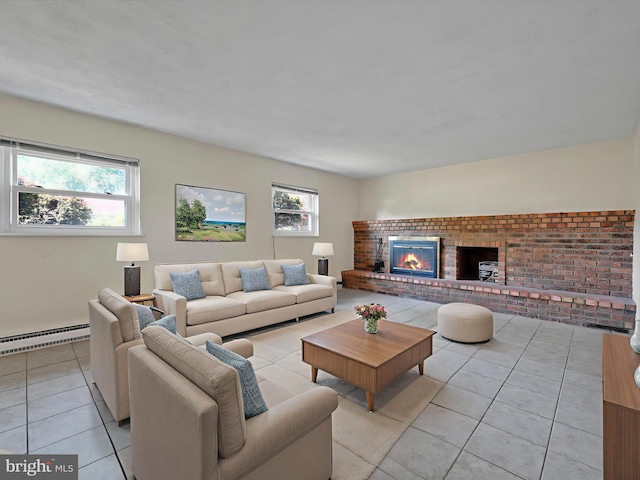 171 Tanglewood Ln, Lancaster, PA 17601 - living room with a baseboard heating unit, light tile patterned floors, and a fireplace