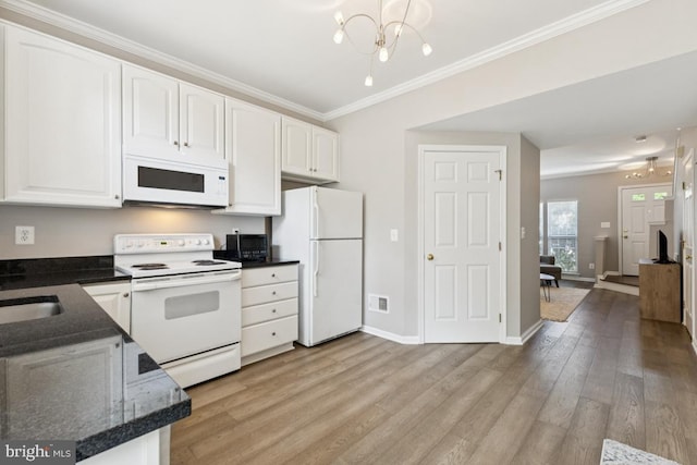 44203 Litchfield Ter, Ashburn, VA 20147 - kitchen with white appliances, a chandelier, white cabinetry, ornamental molding, and light wood-style flooring