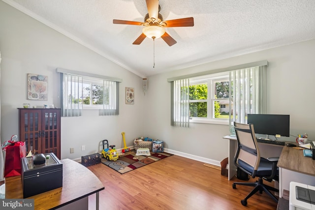 656 Windsor Ave, Maple Shade, NJ 08052 - office with plenty of natural light, wood finished floors, ceiling fan, vaulted ceiling, and a textured ceiling