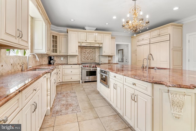 3213 Hatton Rd, Baltimore, MD 21208 - kitchen featuring cream cabinets, luxury range, ornamental molding, tasteful backsplash, and light tile patterned floors
