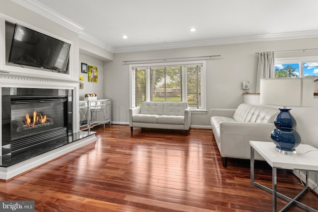3213 Hatton Rd, Baltimore, MD 21208 - living area featuring crown molding, a glass covered fireplace, wood finished floors, and recessed lighting