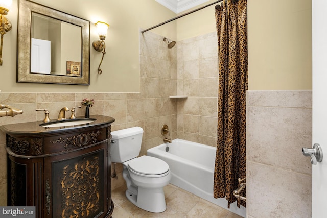 3213 Hatton Rd, Baltimore, MD 21208 - bathroom with tile walls, shower / bath combo with shower curtain, vanity, crown molding, and a wainscoted wall