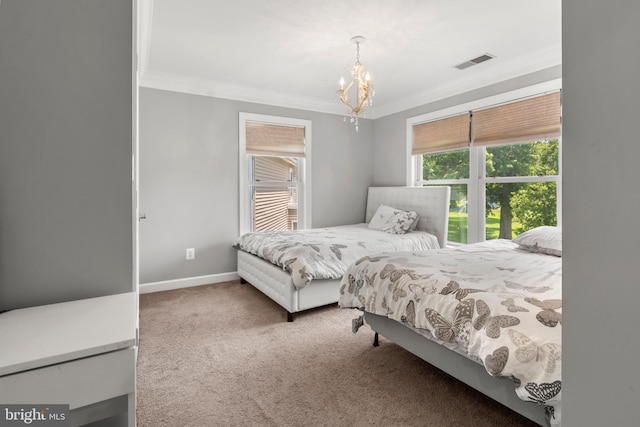 3213 Hatton Rd, Baltimore, MD 21208 - carpeted bedroom with crown molding and a chandelier