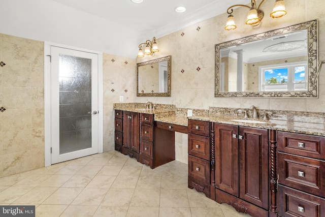 3213 Hatton Rd, Baltimore, MD 21208 - bathroom with tile walls, ornamental molding, double vanity, and tile patterned floors