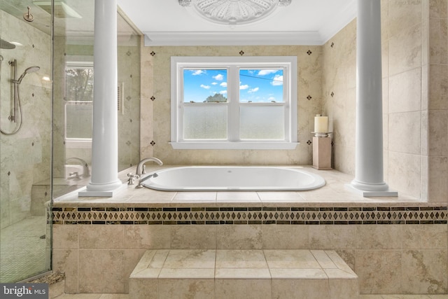 3213 Hatton Rd, Baltimore, MD 21208 - bathroom featuring a garden tub, a stall shower, and crown molding