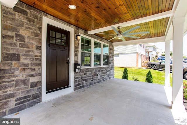 228 Warren Blvd, Broomall, PA 19008 - view of exterior entry featuring stone siding and ceiling fan