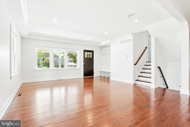 228 Warren Blvd, Broomall, PA 19008 - unfurnished living room featuring light wood-style floors, stairs, recessed lighting, and crown molding