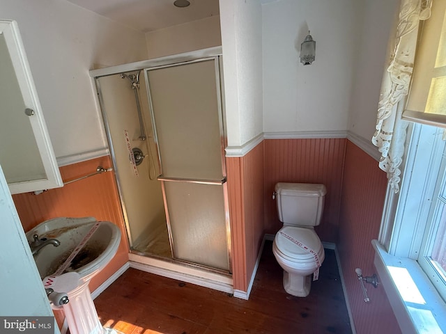 10 Kricks Mill Rd, Womelsdorf, PA 19567 - bathroom with wood finished floors, a wainscoted wall, and a stall shower