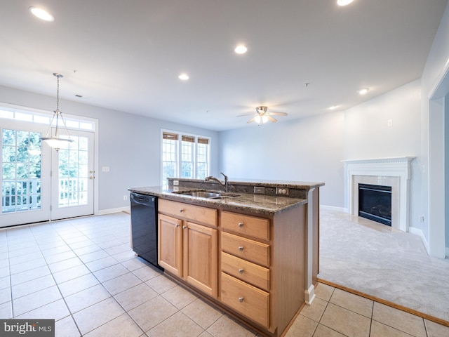 591 Odendhal Ave Unit 591, Gaithersburg, MD 20877 - kitchen featuring black dishwasher, light tile patterned floors, ceiling fan, open floor plan, and recessed lighting