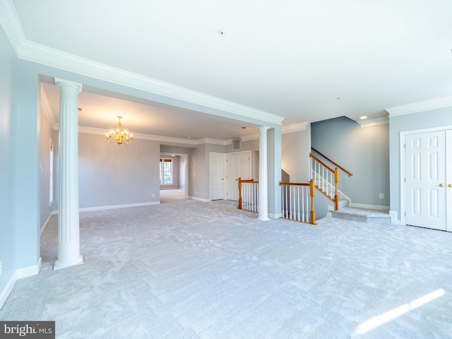591 Odendhal Ave Unit 591, Gaithersburg, MD 20877 - unfurnished living room featuring ornamental molding, a chandelier, carpet floors, and stairs