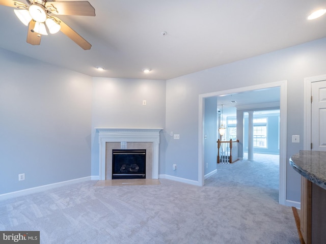 591 Odendhal Ave Unit 591, Gaithersburg, MD 20877 - unfurnished living room with light carpet, a premium fireplace, ceiling fan, and recessed lighting