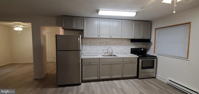 53 Snow Bird Trl, Fairfield, PA 17320 - kitchen with appliances with stainless steel finishes, a baseboard radiator, a ceiling fan, and light wood-style floors