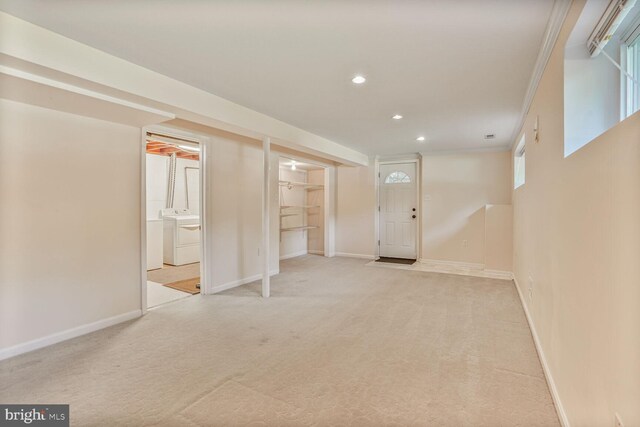 5606 Eastbourne Dr, Springfield, VA 22151 - basement featuring washing machine and clothes dryer, light colored carpet, and recessed lighting