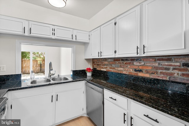 8384 Forrester Blvd, Springfield, VA 22152 - kitchen featuring dishwasher, white cabinets, and dark stone countertops