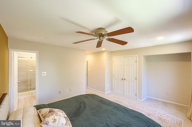 5 Mccarty Ct, Sterling, VA 20165 - bedroom featuring a closet, recessed lighting, ceiling fan, light colored carpet, and ensuite bathroom