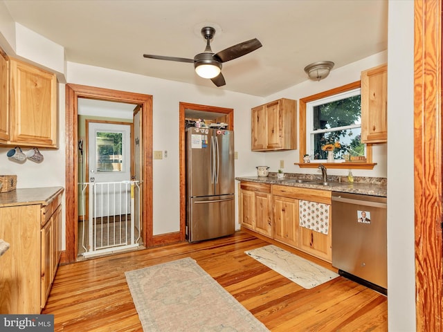 21127 Twin Springs Dr, Smithsburg, MD 21783 - kitchen with stainless steel appliances, light wood-type flooring, and ceiling fan