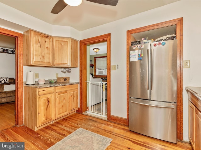 21127 Twin Springs Dr, Smithsburg, MD 21783 - kitchen with freestanding refrigerator, ceiling fan, light wood-style floors, cooling unit, and light brown cabinetry