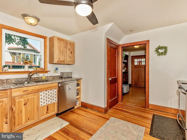 21127 Twin Springs Dr, Smithsburg, MD 21783 - kitchen with dishwasher, light wood-style flooring, a ceiling fan, range with electric stovetop, and stone counters