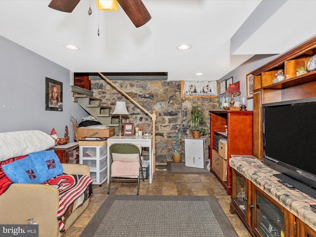 21127 Twin Springs Dr, Smithsburg, MD 21783 - living room featuring a ceiling fan and recessed lighting