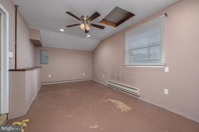 22 Clemson Rd, Cherry Hill, NJ 08034 - empty room with a baseboard radiator, electric panel, concrete floors, a ceiling fan, and vaulted ceiling