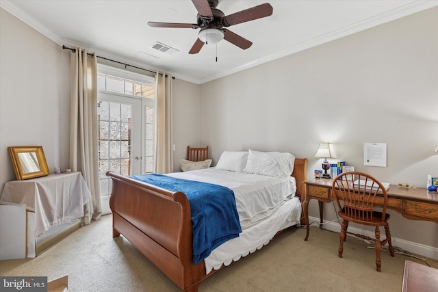 300 W Elm St Unit 2104, Conshohocken, PA 19428 - bedroom featuring carpet floors, crown molding, access to exterior, and a ceiling fan