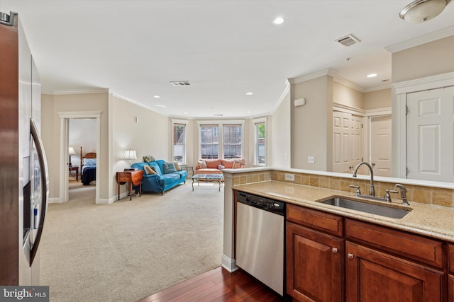 300 W Elm St Unit 2104, Conshohocken, PA 19428 - kitchen with stainless steel appliances, light stone counters, recessed lighting, crown molding, and open floor plan