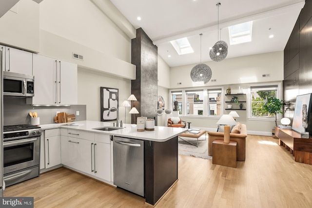 2431 Ontario Rd NW Unit 4, Washington, DC 20009 - kitchen with stainless steel appliances, high vaulted ceiling, open floor plan, a skylight, and light countertops