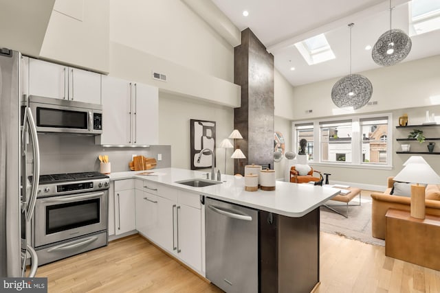 2431 Ontario Rd NW Unit 4, Washington, DC 20009 - kitchen featuring stainless steel appliances, a high ceiling, open floor plan, a peninsula, and a skylight