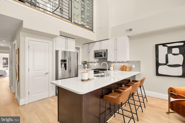2431 Ontario Rd NW Unit 4, Washington, DC 20009 - kitchen featuring stainless steel appliances, a high ceiling, light wood-type flooring, a peninsula, and a breakfast bar area