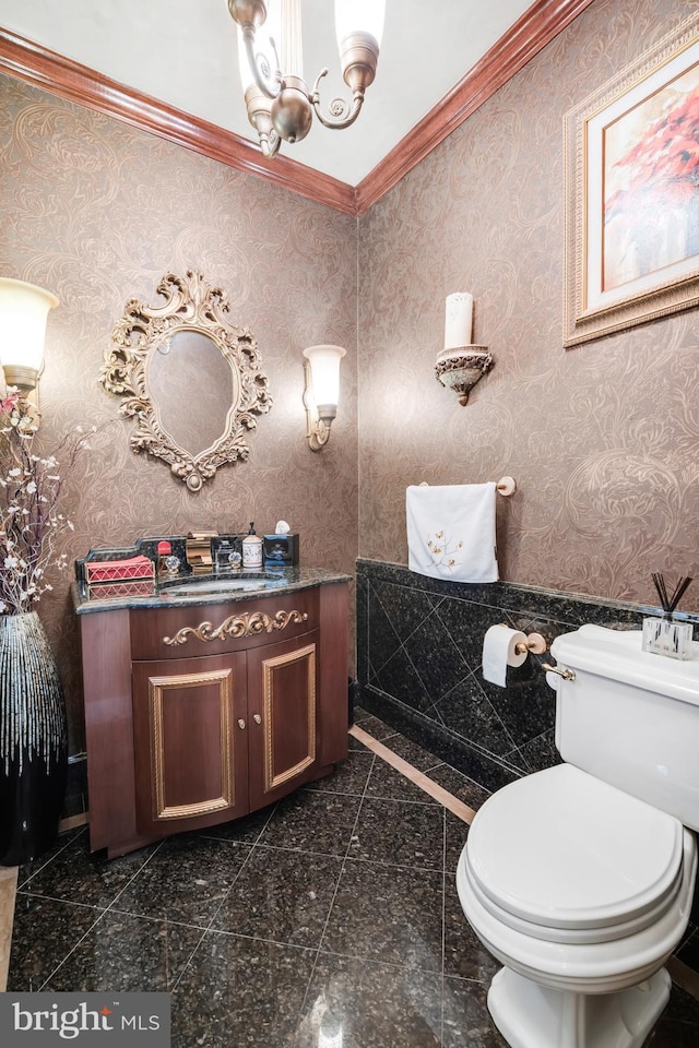 1126 Timbergate Dr, Jenkintown, PA 19046 - bathroom with a chandelier, granite tiled floors, wallpapered walls, wainscoting, and ornamental molding
