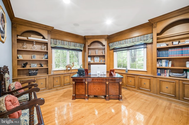 1126 Timbergate Dr, Jenkintown, PA 19046 - office space featuring light wood-style flooring, healthy amount of natural light, built in shelves, and crown molding