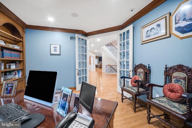 1126 Timbergate Dr, Jenkintown, PA 19046 - office featuring crown molding, french doors, wood finished floors, built in features, and recessed lighting