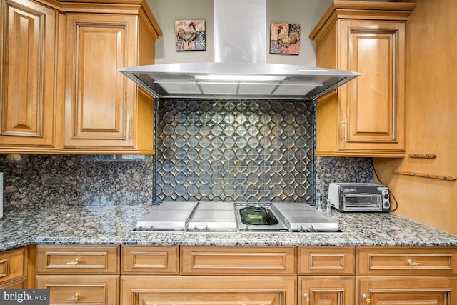 1126 Timbergate Dr, Jenkintown, PA 19046 - kitchen with wall chimney range hood, decorative backsplash, stainless steel cooktop, and light stone countertops