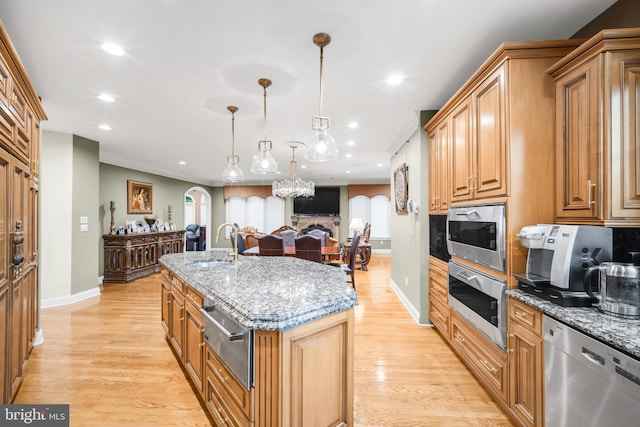 1126 Timbergate Dr, Jenkintown, PA 19046 - kitchen with stainless steel dishwasher, arched walkways, a warming drawer, light wood-style flooring, and recessed lighting