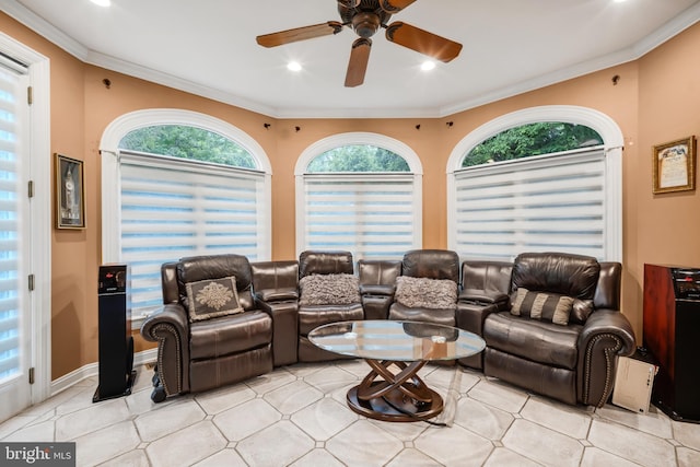 1126 Timbergate Dr, Jenkintown, PA 19046 - living room with ceiling fan, plenty of natural light, crown molding, recessed lighting, and light tile patterned floors