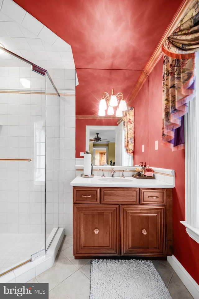 1126 Timbergate Dr, Jenkintown, PA 19046 - full bath with crown molding, tile patterned floors, a stall shower, vanity, and a ceiling fan