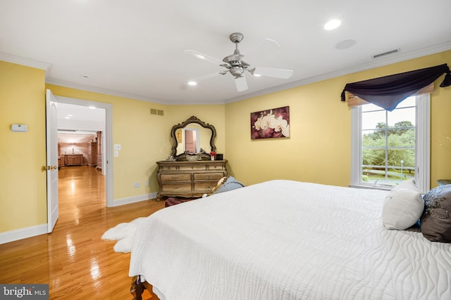 1126 Timbergate Dr, Jenkintown, PA 19046 - bedroom with light wood finished floors, crown molding, recessed lighting, and a ceiling fan