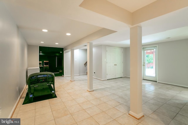 5722 Larpin Ln, Alexandria, VA 22310 - basement featuring recessed lighting, light tile patterned floors, and stairs